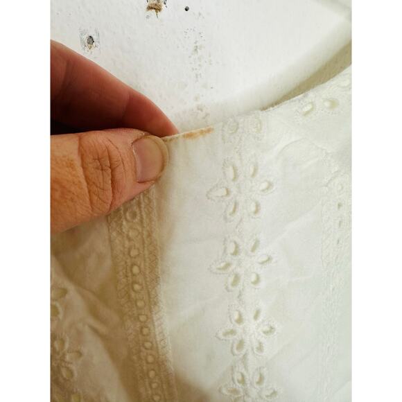 N12H White Cotton Eyelet Pure Peasant Three Quarter Sleeve Poppy Dress XS US 0 - Picture 14 of 16